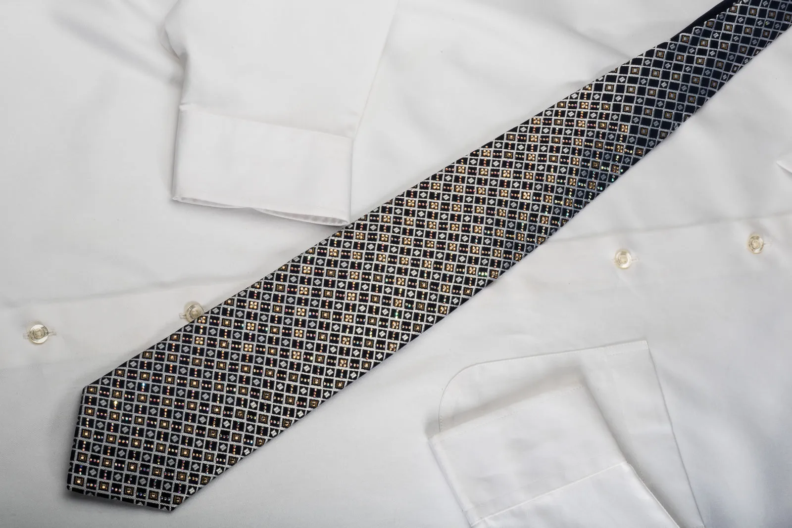 Ungaro Bling Rhinestone Necktie Silver Trellis On Navy With Silver Sparkles